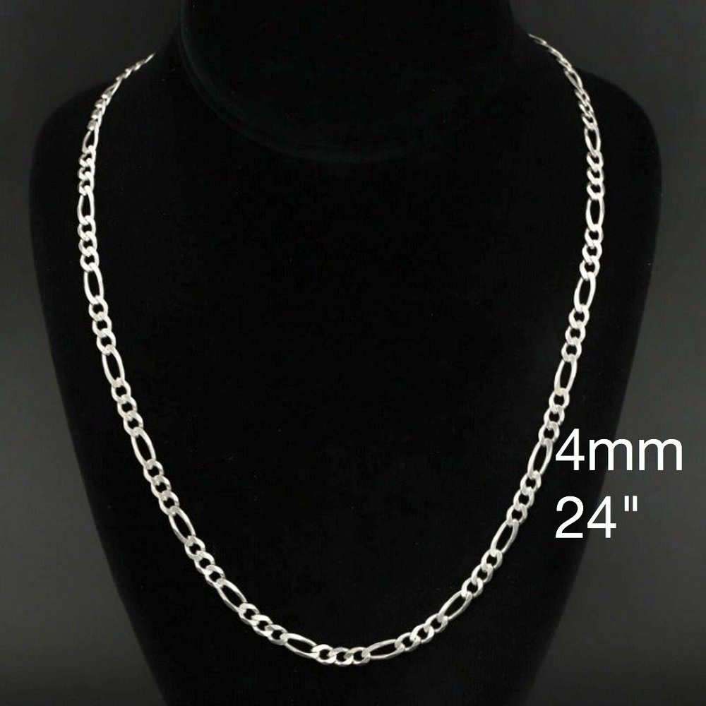 NWOT 925 Sterling Silver Figaro Chain 4mm Wide Necklace :24”